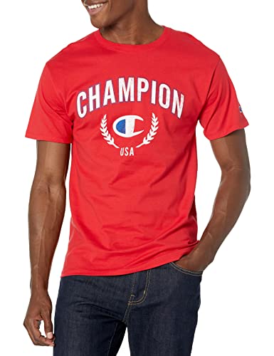 Champion, Classic Graphic, Soft and Comfortable T-Shirts for Men (Past Seasons), Scarlet Arch Over C Logo, Medium