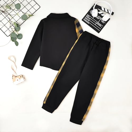Image of Boy Clothes Fall Winter Outfits Long Sleeve Plaid Patchwork Button Down Shirt + Casual Pocket Sweatpants 5-14 Years