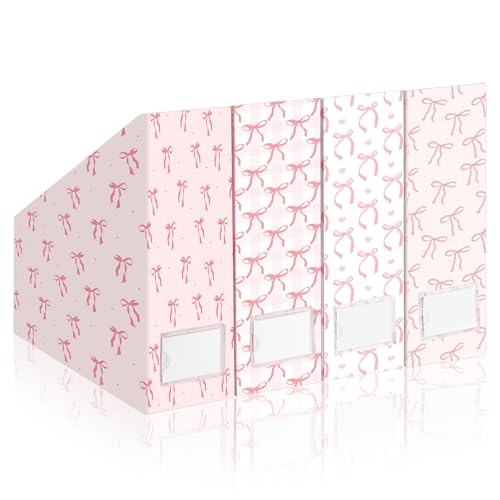 AmazingSpark Set of 4 Pink Bow Magazine File Holder Decorative Foldable Cardboard Magazine Storage Boxes with Acrylic Label Holders Coquettish Boho Organizer for Office Home Organization Storage