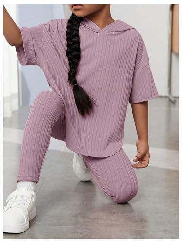 Image of Floerns Girls 2 Piece Outfit Solid Hooded Tee Shirt with Leggings Pants Set