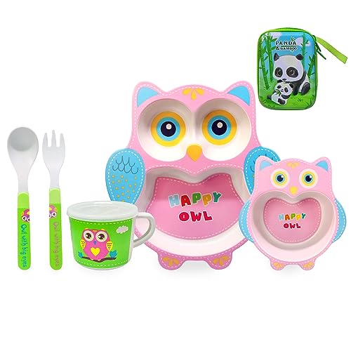 FunBlast (Set of 5 Pcs) Bamboo Fiber Eco-Friendly Kids Feeding Set (2 Owl)