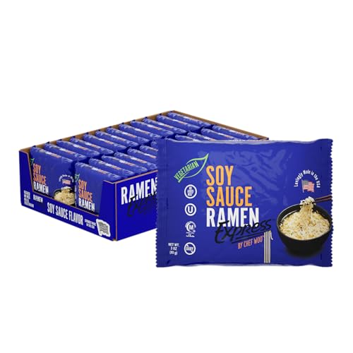RAMEN EXPRESS Soy Sauce Flavor Ramen Noodle Packs, 3 Oz Each (Pack Of 24) | Animal-free Ramen Noodles | All Plant-based | Made in U.S. with finest American flour