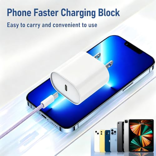 Image of Essri Phone Charger Fast Charging 6 FT,2-Pack 20W PD USB C Block with iPhone 14 13 Charger Cable 6 Foot, Compatible with iPhone 14 Pro 13 Pro Max 12 11 Pro Mini,Blue+Purple