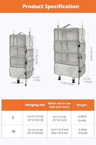 TABITORA Travel Luggage Organizer insert Hanging Packing Cubes for Suitcase Carry on Closet Hanging Shelves Folding(Grey,M)3