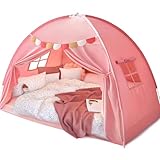 Razee Full Size Bed Canopy for Kids, Girls Bed Tent Dream Privacy Playhouse Floor Sleeping Tents Indoor, Toddler Under Bunk Bed Pink Tent with Pennant Banners, Kid House Toys for Birthday