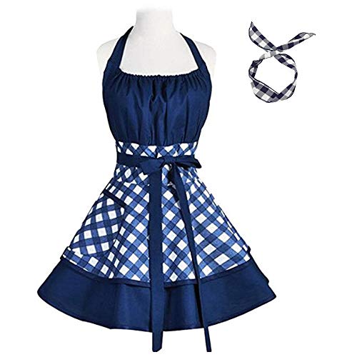 Pu-ai Vintage Aprons for Women Cotton Cooking Aprons Plus Size Retro Bib Kitchen