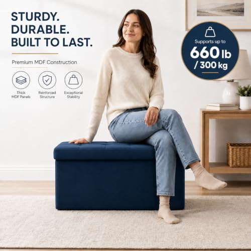 Image of ALASDO 30 Inch Folding Storage Ottoman Bench with Hidden Storage, Velvet Storage Ottoman Foot Rest Stool, End of Bed Bench for Bedroom, Living Room, Entryway and Closet, Navy Blue