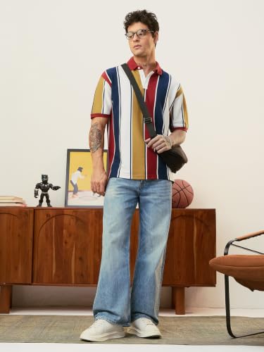 Image of The Souled Store Rugby Polo: Caravan Men and Boys Short Sleeves Polo Neck White Navy Mustard Red Striped Cotton Blend Oversized Drop Shoulder Breathable Knit Casual Polos