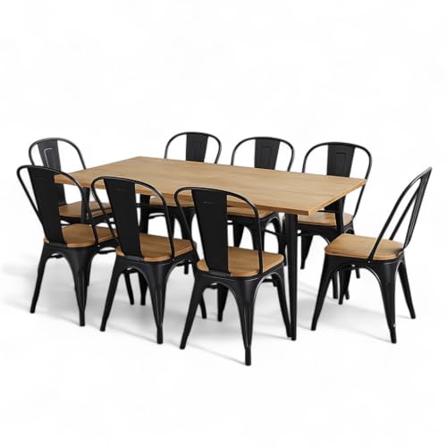 Kosmi Ensemble Table et Chaises Style Industriel, Métal Noir Mat et Bois Naturel, Table 60x60 à 160x80 cm, Design Factory, pour Salle à Manger et Restaurant (Bois...
