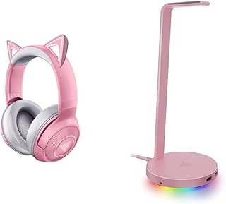 Razer Kraken BT Kitty Edition: Bluetooth 5.0-40ms Low Latency Connection - Custom-Tuned 40mm Drivers - Quartz Pink & Base Station V2 Chroma: Chroma RGB Lighting - Non-Slip Rubber Base - Quartz Pink