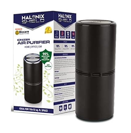 Halonix Shield Portable Ionizer Air Purifier,12 Million Negative Ions - Kills 99.9% Viruses - Removes 90% PM2.5 (Suitable for Home, Car & Office) (Black), small (PORTABLE AIR PURIFIER)