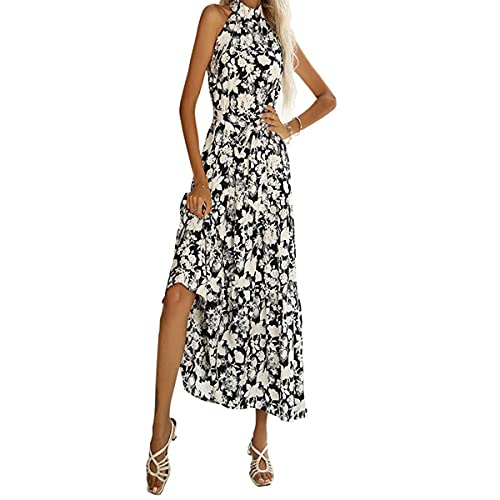 LOKIH Damen Casual Neckholder Ärmellos Elastische Taille Blumendruck Maxikleid Plissee Neckholder Sling Schnürkleid,M Cover