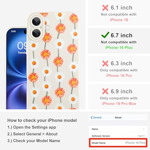 Image of Designed for iPhone 16 Plus Case, Cute Daisy Flower Floral Pattern Design, Slim Soft TPU Liquid Silicone Protective Cover for Women Girls - White