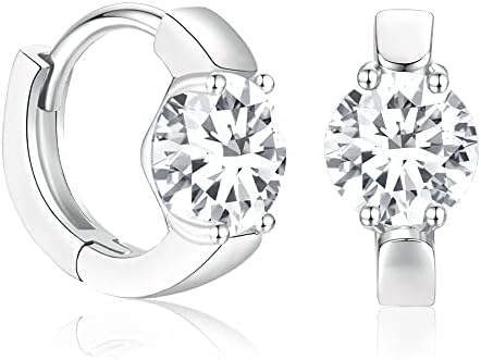 Besalon Silver Huggie Hoop Earrings for Women Small Hoop Earrings White April Birthstone White Gold Plated Mini Huggie Hoops for Girls with Cubic Zirconia Gift