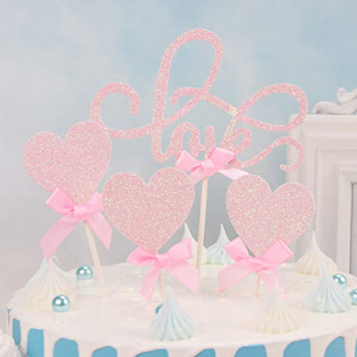 UPKOCH 72 pçs Glitter Heart Cake Topper Love Cake Picks with Bows Dessert Picks DIY Cake Decoration