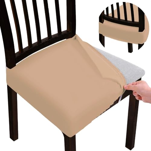BRIDA Fundas elásticas para sillas de comedor con estampado geométrico floral, fundas elásticas para asiento de silla (4 fundas de asiento, color camello liso)