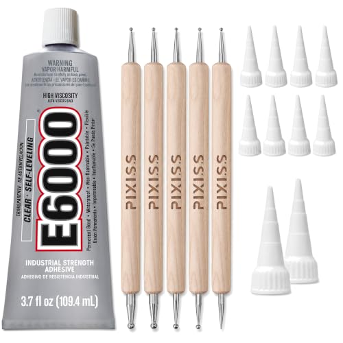 E6000 3.7 Ounce (109.4mL) Tube Industrial Strength Adhesive for Crafting 10 Snip Tip Applicator Tips and Pixiss Art Dotting Stylus Pens 5 pcs Set