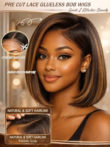 Image of Sunber Ombre Brown Balayage Yaki Straight Bob Glueless Wigs Human Hair Bye Bye Knots Pre cut 7x5 Lace Front Wig Pre Plucked Pre Bleached Knots Put and Go Highlight Brown Short Bob Wig 10Inch