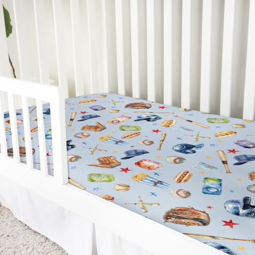 Image of Watercolor Baseball Baby Crib Sheets 52''x28'' Patriotic American Sports Stretchy Fitted Mattress Cover for Boy Girl Outdoor Sports Lovers Soft Baby Sheets for Standard Crib and Toddler Mattress