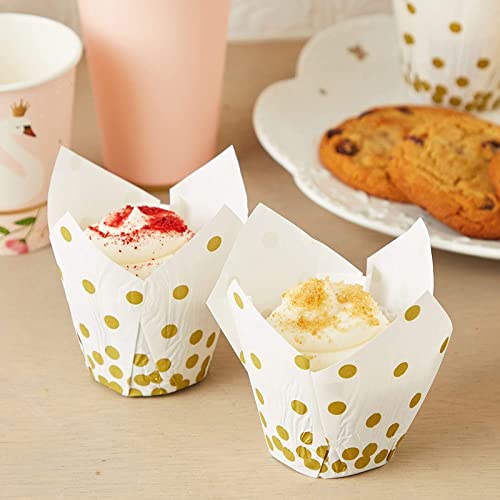 150 Pack Gold Polka Dot Muffin And Tulip Cupcake Liners For Baking And Decor (White, 3.35 X 3.5 Inches) #TOP1