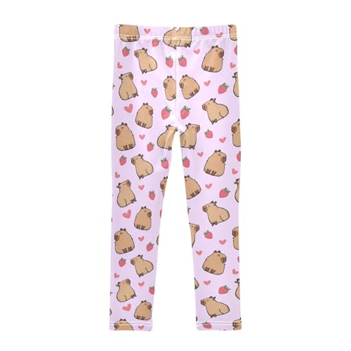 Cute Capybara with Strawberry Hearts Purple Girls Leggings Soft Comfortable Athletic Leggings Dancing Pants for 4-10 Years2