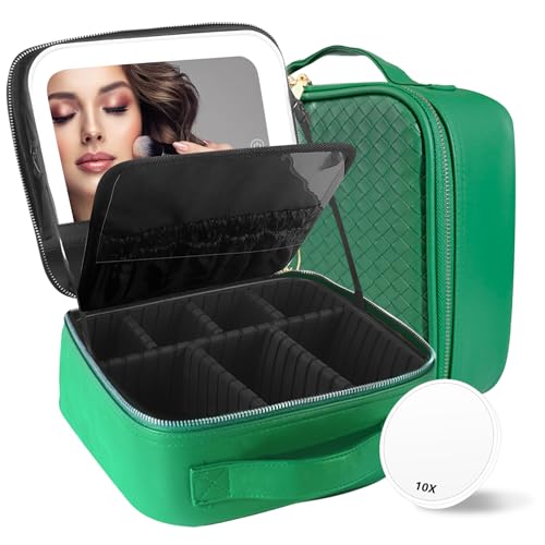 Image of MOMIRA Travel Makeup Bag Cosmetic Bag Makeup Organizer Bag with Lighted Mirror, Adjustable Brightness in 3 Color Scenarios, Waterproof Makeup Train Case, Gift for Women - Fresh Green(Woven)