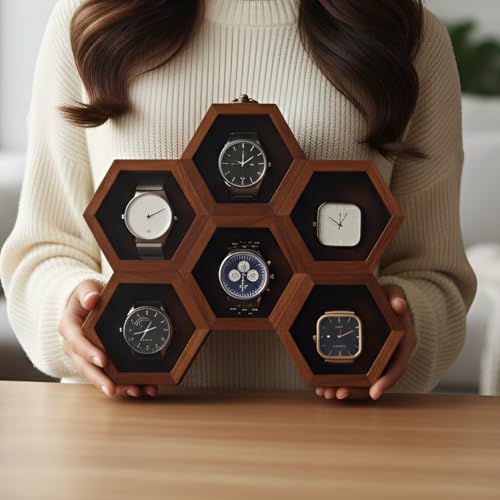 Image of Vintage Wooden Watch Box for Men, Timepiece Display Case, Honeycomb Watch Storage & Organizer, Jewlery Box for Women, Anniversary Gift For Husband (6 Compartment (Other Design))