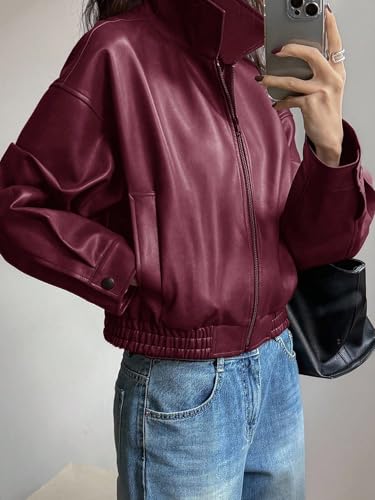 Chic Burgundy Leather Jacket for Women: Short, Casual, and Perfect for Fall-Winter Style - Image 3