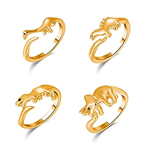 Caiyao 2-4Pcs Cute Dinosaur Tyrannosaurus Triceratops Ring Set 14K Silver Plated Lovely Opening Adjustable Polished Animal Ring for Women Men Jurassic Bar Era Dinosaur Jewelry Gift