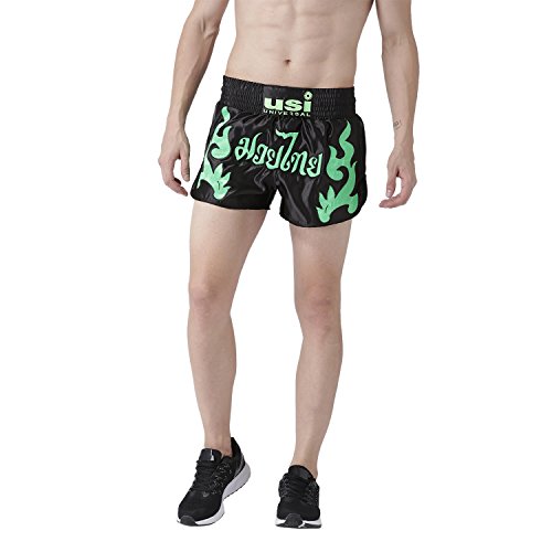 Image of USI Universal Muay Thai Shorts for Men Women, 410NG Boxing Kickboxing MMA Fight Clothing Training Workout Trunks (in, Alpha, S, Regular, Black /Green)
