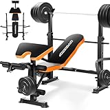 OPPSDECOR 6 in 1 900lbs Weight Bench with Leg Extension and Leg Curl, Foldable Bench Press Set and Squat Barbell Rack with Preacher Curl, Adjustable Workout Bench for Home Gym Strength Training PXZXYX1 (Orange)