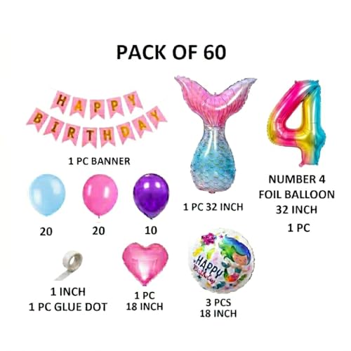 Image of 60 pcs 4th Birthday Decoration for Girls Tail Foil Balloon Garland Rainbow Number Foil Theme Birthday Decorations Aqua Theme Birthday Decorations (Pack of 60, Multi)