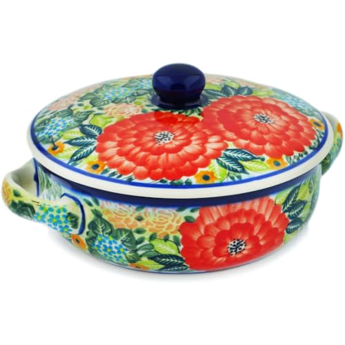 Authentic Polish Pottery Dish with Cover Signature UNIKAT in Red Dahlia Flower Garden Heaven Design Handmade in Boles?awiec Poland + Certificate of Authenticity