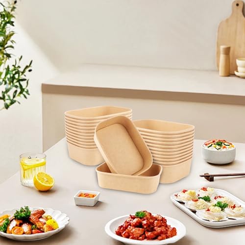 LDHHYH 50 Stück Kraftpapier Schale, 500ML Take Away Kraftpapier Box, 171x120x43MM Essen Verpackung Einweg mit Deckel, Braun Take aAway Boxen, Mehrweg Schüsseln für Essen zum Mitnehmen, Arbeitsessen