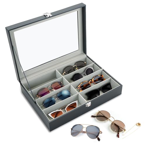 Image of MAOPINER 8 Slot Eyeglass Sunglass Storage Box, Sunglasses Organizer with Clear Glass Display, Black PU Leather Multi Eyeglasses Storage Box for Women Men
