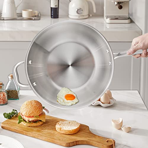 Deluxe Stainless Steel Wok Pan, 12.5" Stir Fry Pan With Steel Lid, 3-Ply Kitchen Cookware Stay-Cool Handle Large Cooking Pot For Induction Cooktop Electric Gas Ceramic, Dishwasher Oven Safe #TOP1