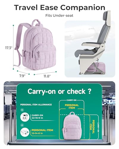 Image of BAGSMART College Laptop Backpack, Travel Backpack for Women, Quilted Casual Daypack, Water-Resistant Bookbag for 15.6 Inch Laptop, Lavender