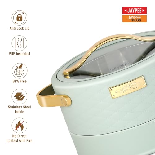 Image of JAYPEE Luxura Klass Set Inner Steel Serving Painted Casserole Set Of 3 Toughened Glass Lid Advanced PU Insulated 100% Food Grade Lockable Hot Box Easy To Keep Roti,Pulao & More|1500,2000,2500 Ml,Green