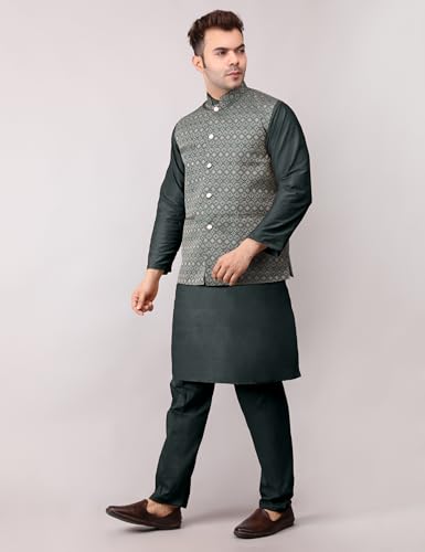 Image of Men's Cotton Silk Blend Regular Kurta Pyjama, Embroidered Nehru Jacket /Waistcoat Set