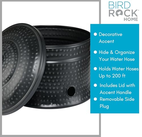 Decorative Water Hose Holder Pot | Holds 200ft Hose | Hammered Charcoal Exterior | Ground Garden Hose Box | Handles | Metal Hider |Outdoor/Indoor Use