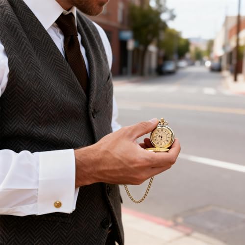 Litinliv Orologio Da Taschino, Orologio Da Taschino Uomo, Numeri Romani Su Quadrante Liscio, Orologios Retrò Con Catena Per Compleanno, Anniversario, NoëL E Festa Del Papà - Dorato - 6