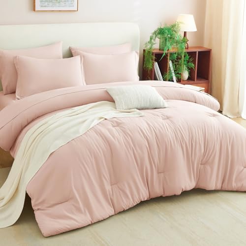 CozyLux Queen Comforter Set Blush Pink, 7 Pieces Bed in a Bag Queen Comforter Set with Sheets, Bedding Sets with Down Alternative Comforter, Fitted Sheets, Flat Sheets, Pillow Shams and Pillowcases