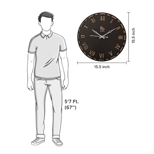 Image of Wooden Round Shape Roman Dial Wall Clock with Silver Hands & Golden Jute Rope Detailing | Silent Quartz Movement Anti Reflection Analog Vintage Clock for Home & Office (Black, 15.5 Inch)