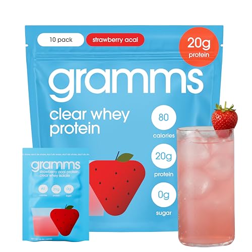 Image of GRAMMS Clear Protein Powder Packets 20G Protein for Women & Men | Lactose Free, Grass-Fed Whey Isolate, Gluten Free, Zero Sugar, Gut Friendly, Non-Bloating (Strawberry Acai-10 Servings)