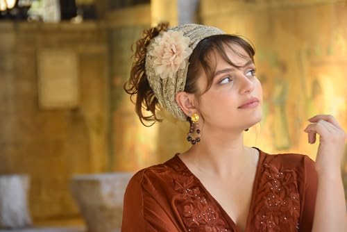 Vanilla Stunning Lace Flower Headband Bandana, Tichel, Head Covering, Scarf, Half Coveing, Pre-tied, Loss Hair, Chemo, Tichel,4