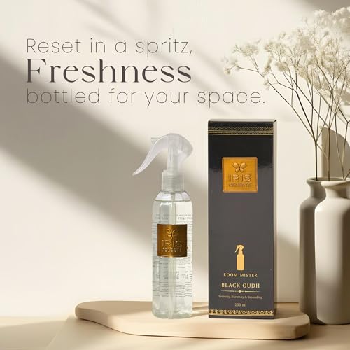 Image of IRIS Celeste Room Mister 250ml | Long-Lasting Room Freshener Spray with 1200 Sprays | Instant Home Fragrance for Living Room, Bedroom & Office (Black Oudh)