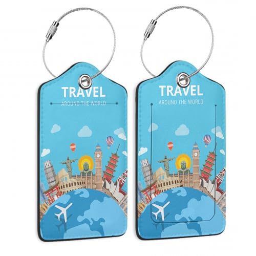 Travel Around The World 2 Pack Luggage Tag for Suitcase, Cute Unique Leather Bag Tags Identifiers Privacy Cover ID Label with Durable Steel Loop for Women Men Kids Girls Travel