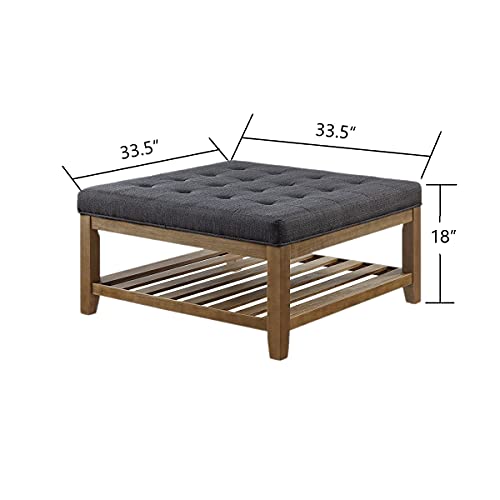 24Kf Large Square Upholstered Tufted Linen Ottoman Coffee Table, Large Footrest Ottoman With Solid Wood Shelf- Charcoal #TOP4