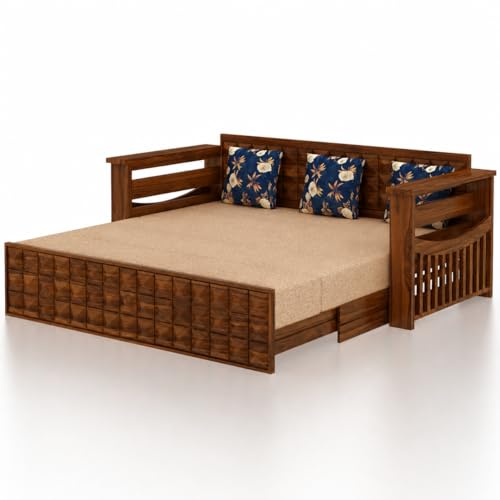Image of Ganpati Arts Solid Sheesham Wood Diamond 3 Seater Sofa Cum Bed with Storage and Side Pockets for Living Room Wooden Furniture Sofa Bed for Home - Natural Finish 1 Year Warranty, Beige, 3-Person Sofa