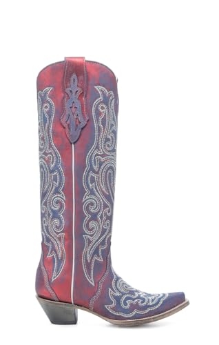 CORRAL LADIE'S RED-BLUE CHAMELEON EFFECT & EMBROIDERY & CRYSTALS TALL TOP, LEATHER SOLE, COWHIDE LEATHER, WESTERN BOOT, A47722